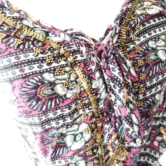 American Eagle Romper Beaded Purple Floral Viscose Cut Out Back Medium - Picture 5 of 9